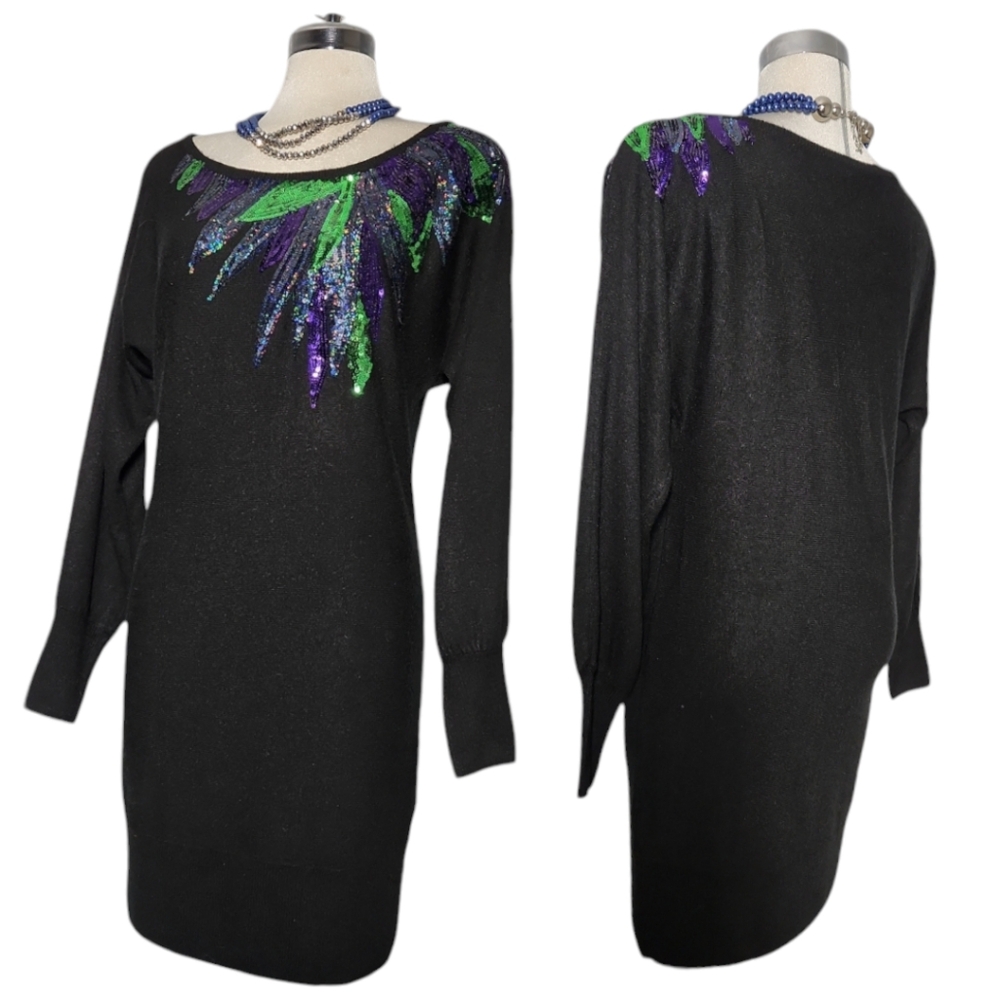 DEPT Luxury  Embellished Sequins  Black Knit Winter Dress Size S